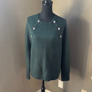 J. Crew Dark Green Sweater with Rhinestone Button Details